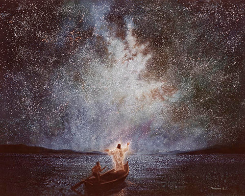 Calm and Stars painting depicts Jesus calming the seas during a great storm, & then seeing stars after the calm - Yongsung Kim | LDSArt.com | Christian Artwork