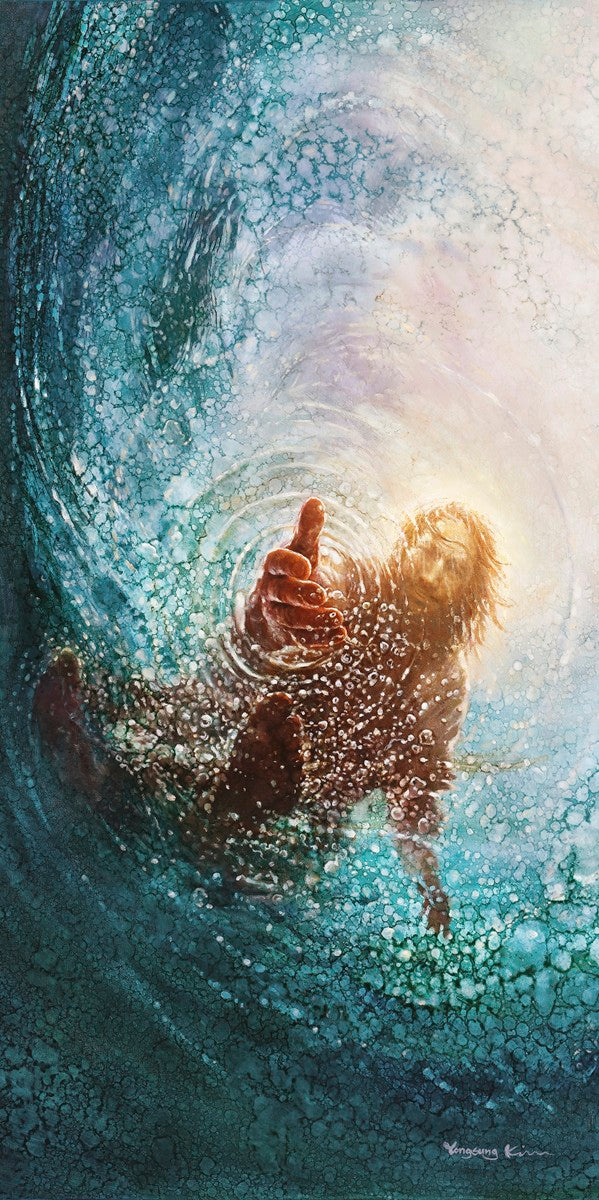 The Hand of God painting depicts Jesus reaching into the water to save Peter - Yongsung Kim | Havenlight | Christian Artwork