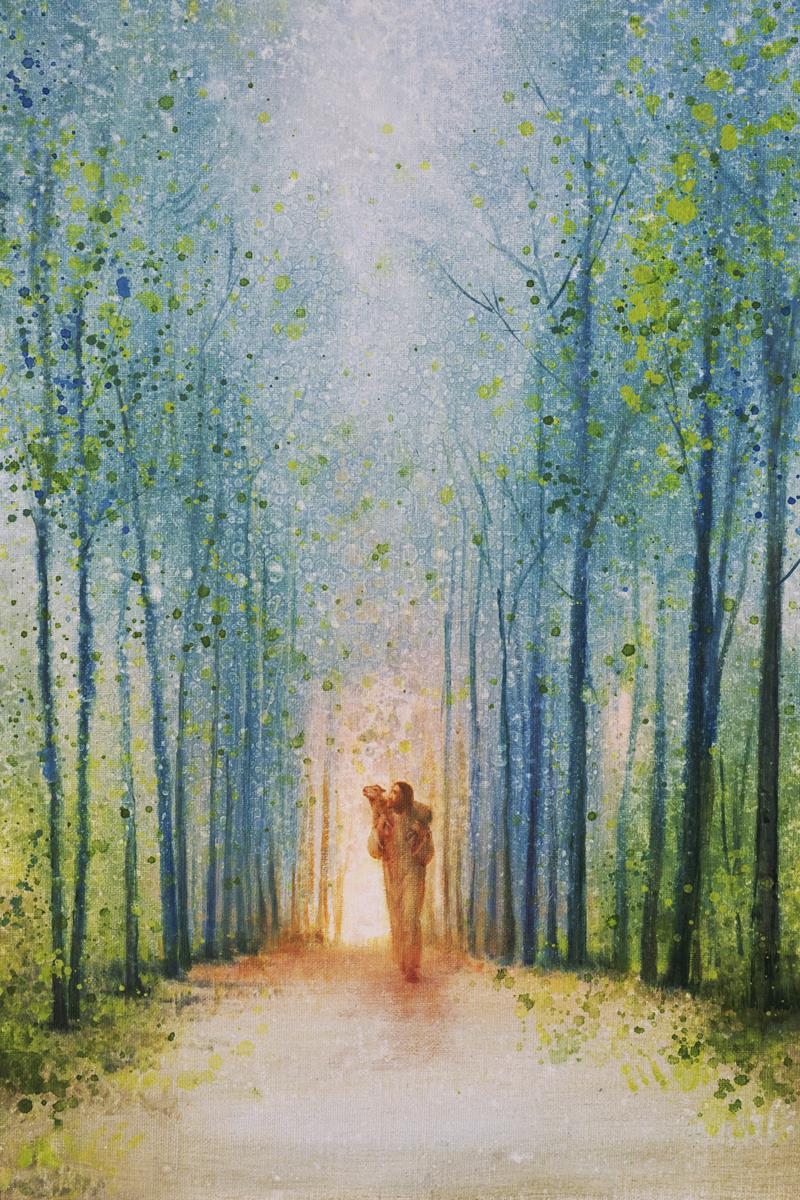 The Shepherd's Path is a painting that depicts Jesus Christ carry a lamb while walking down a narrow path in the forest - Yongsung Kim | Havenlight | Christian Artwork