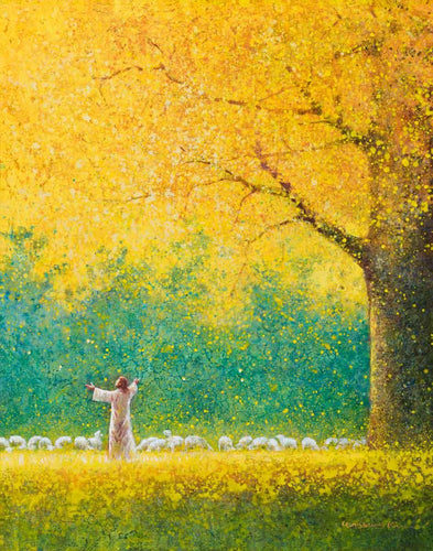 Sunshine In My Soul is a painting that depicts Jesus Christ standing under a big beautiful yellow tree while watching His flock - Yongsung Kim | Havenlight | Christian Artwork