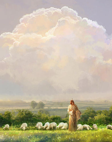 I Shall Not Want is a painting that depicts Jesus with His flock in beautiful field on a cloudy day - Yongsung Kim | Havenlight | Christian Artwork