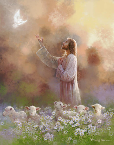 Prince of Peace is a painting that depicts Jesus Christ reaching up to touch a dove while walking with His flock - Yongsung Kim | Havenlight | Christian Artwork