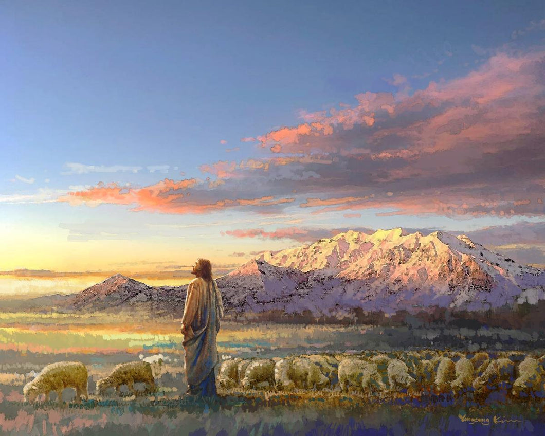 All His Majesty is a painting that depicts Jesus Christ with His flock of sheep near the mountains - Yongsung Kim | Havenlight | Christian Artwork