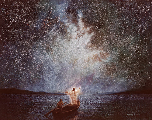Calm and Stars Large Art depicts Jesus calming the seas during a great storm, & then seeing stars after the calm - Yongsung Kim | LDSArt.com | Christian Artwork